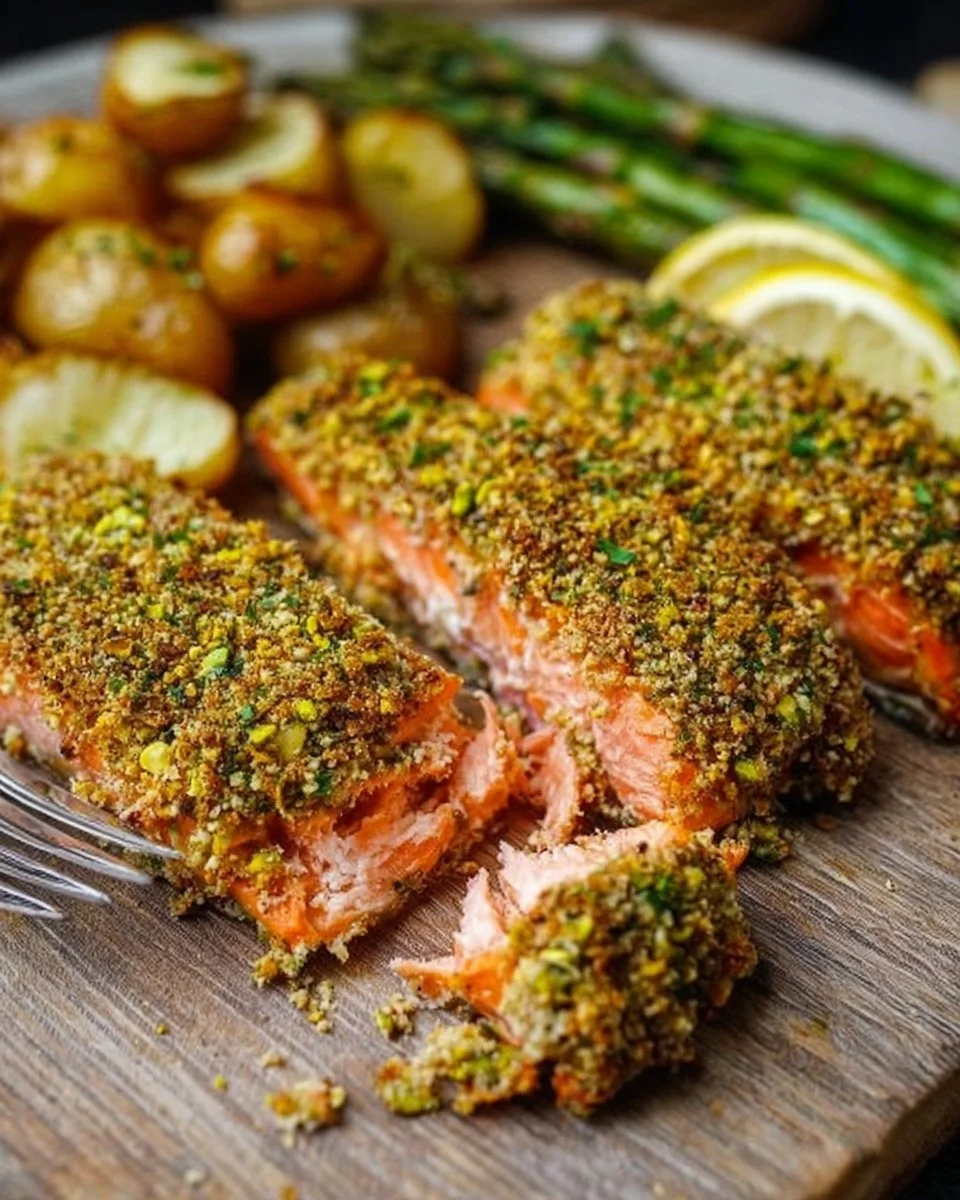 Pistachio crusted salmon fillet garnished and ready to serve.