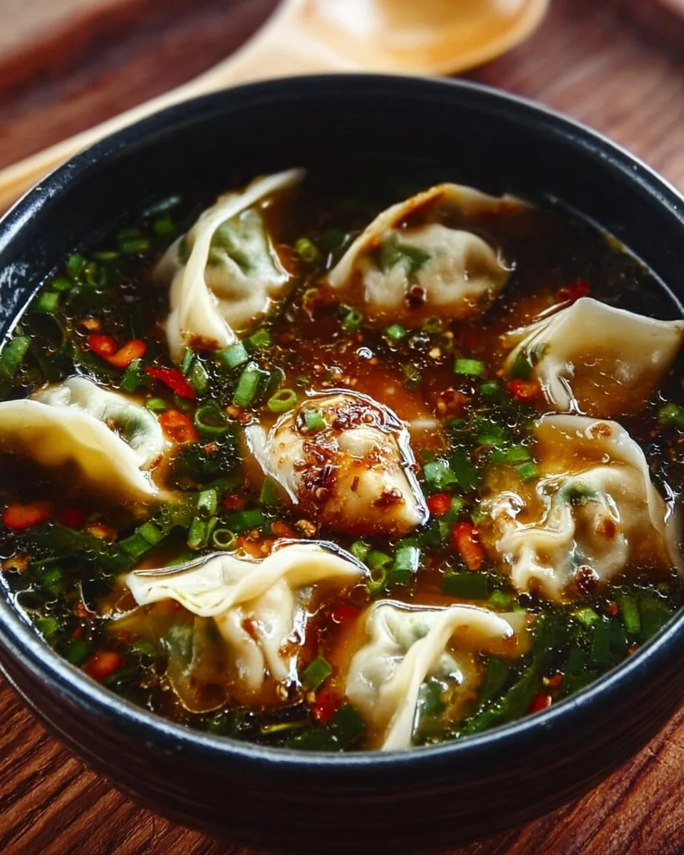 Bowl of Potsticker Soup with dumplings and vegetables in savory broth