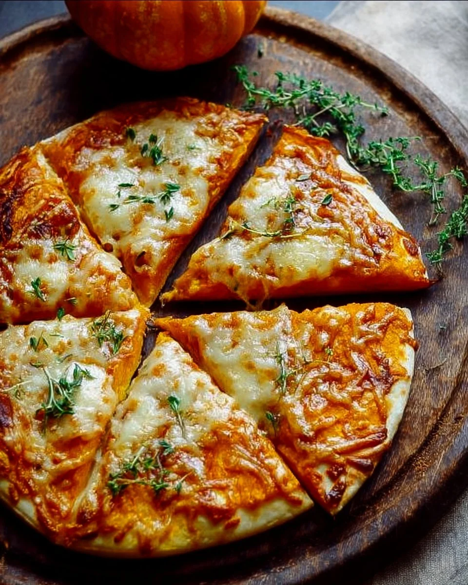 Delicious homemade Pumpkin Gouda Pizza topped with herbs and spices.