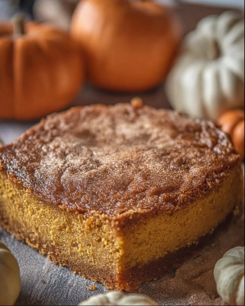 Delicious slice of Pumpkin Gooey Butter Cake with a creamy texture and autumn spices