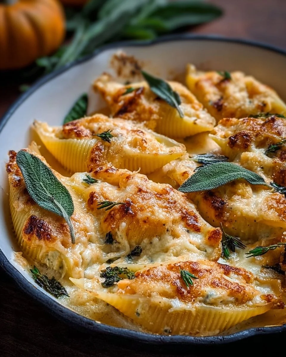 Delicious Pumpkin Gouda Stuffed Shells served in a rustic dish