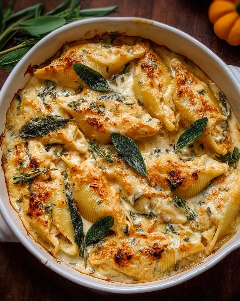 Pumpkin stuffed shells topped with Gouda and brown butter sage Alfredo sauce