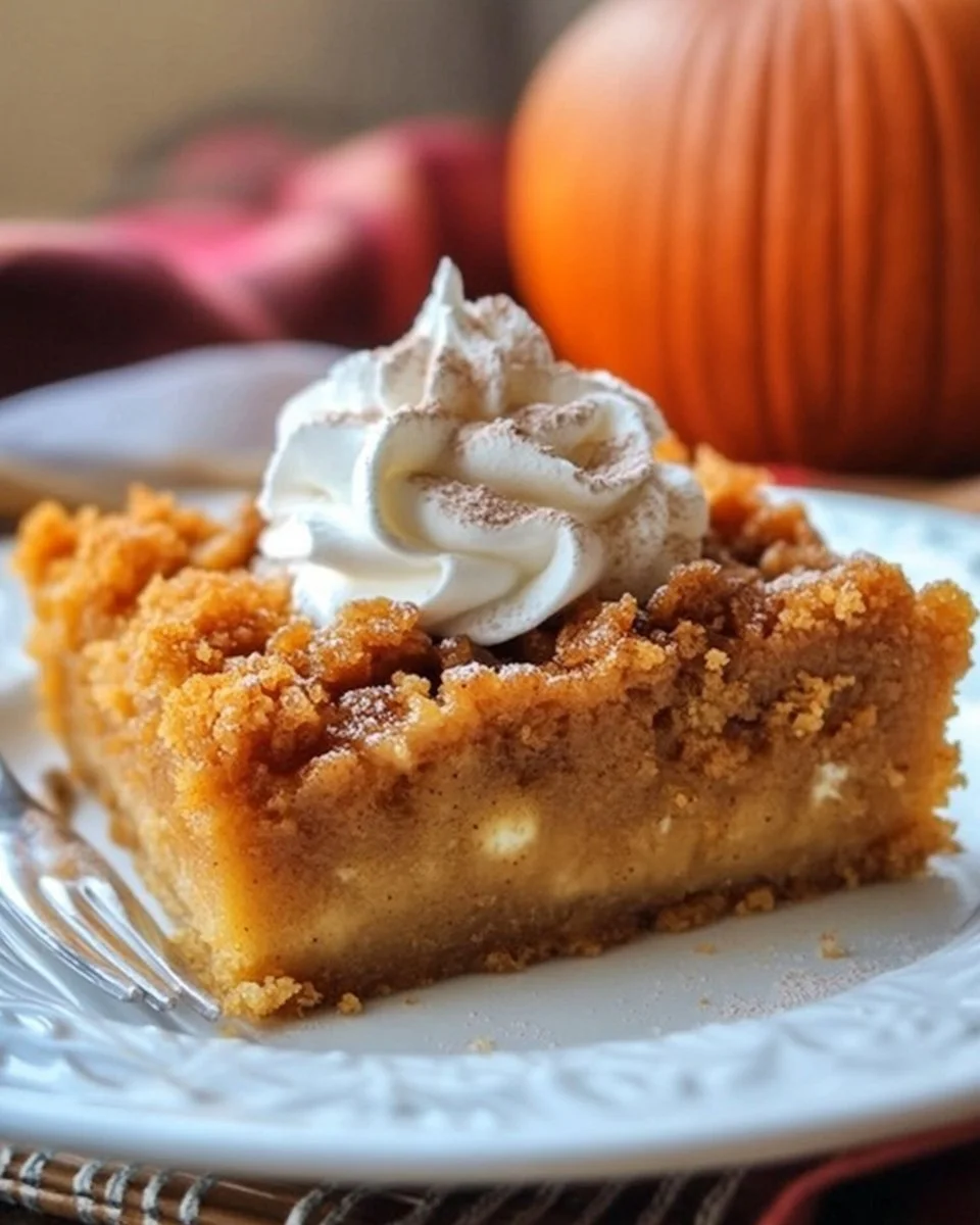 Delicious pumpkin pie dump cake served on a plate with whipped cream