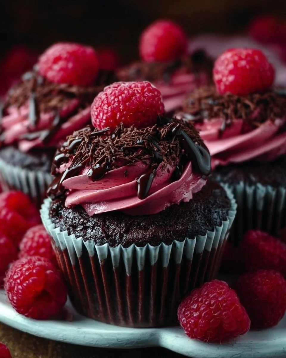 Raspberry chocolate lava cupcakes with gooey center and raspberry topping