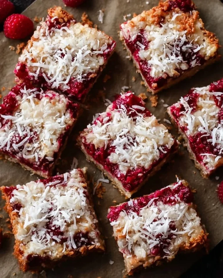 Delicious Raspberry Coconut Magic Bars topped with fresh raspberries