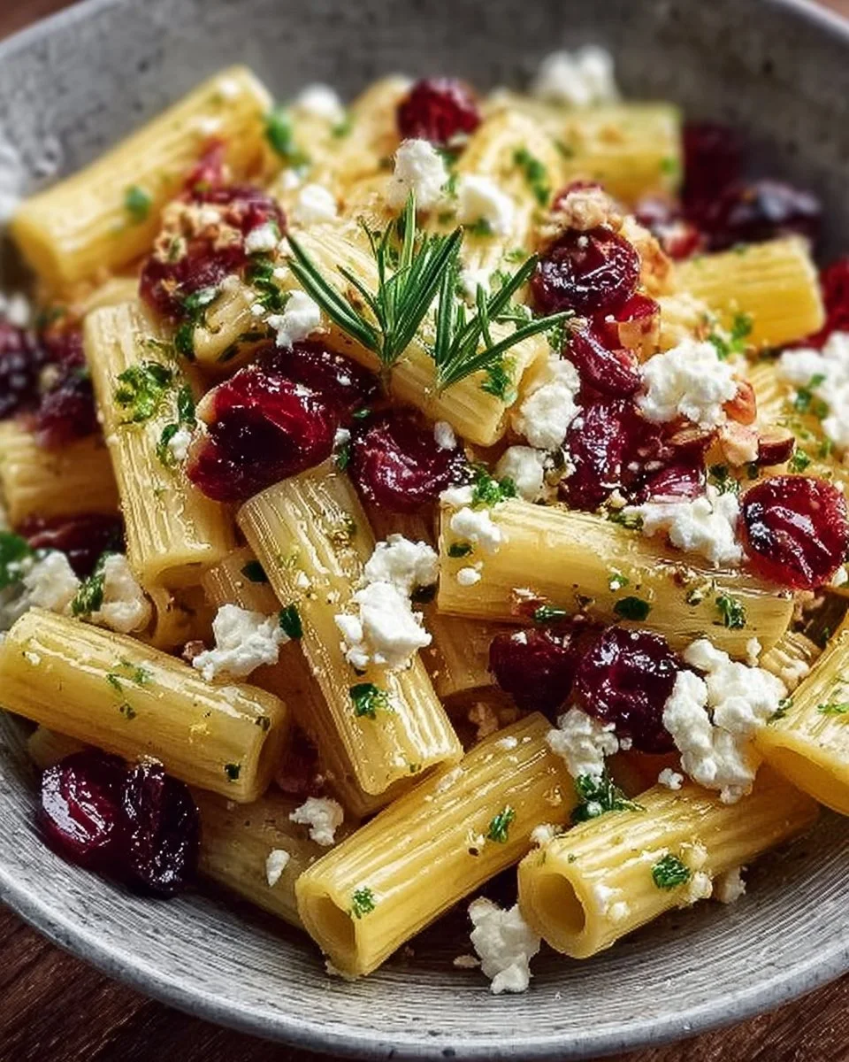 Delicious rigatoni salad with feta cheese and cranberries served in a bowl