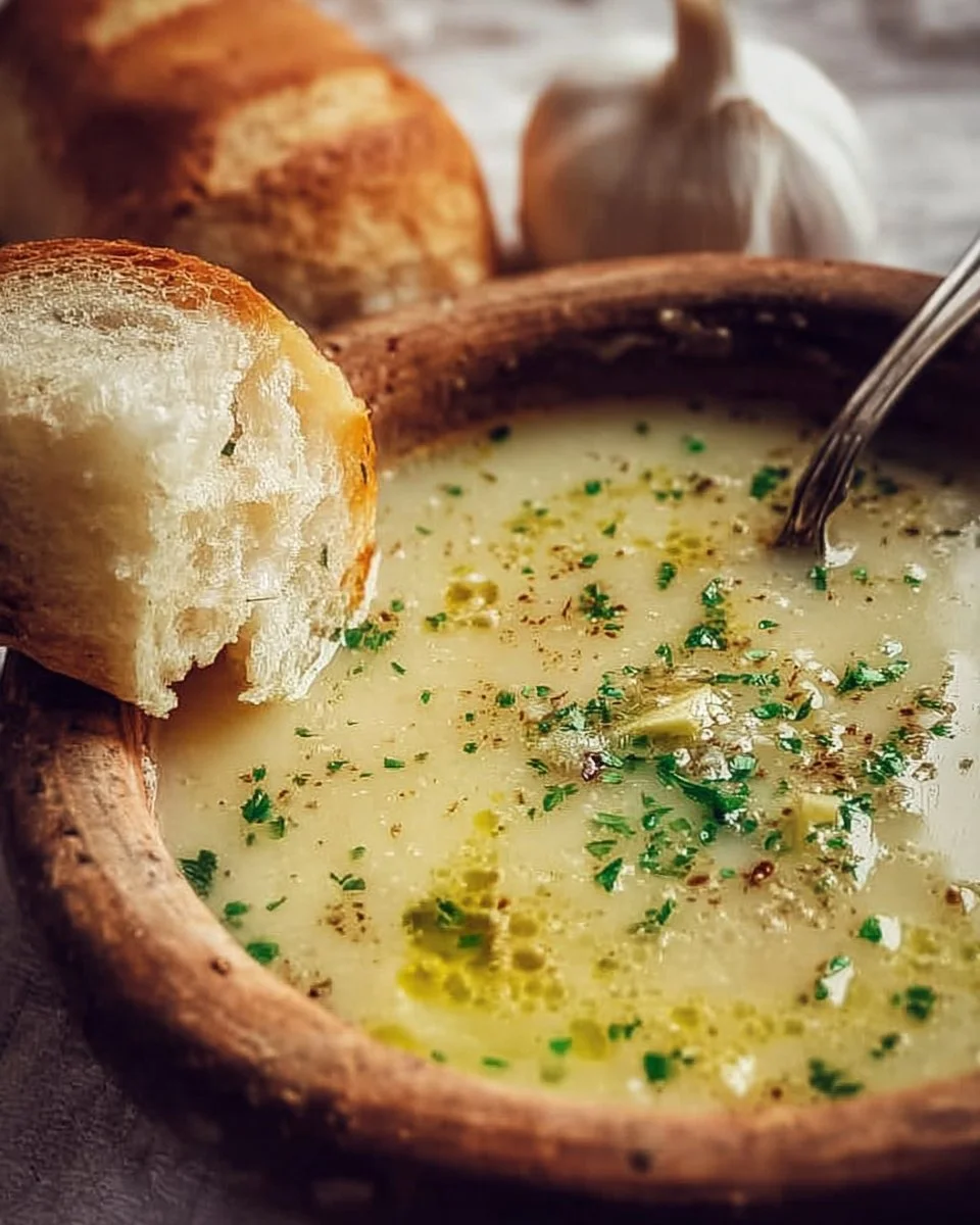 Bowl of rustic country French style garlic soup garnished with herbs