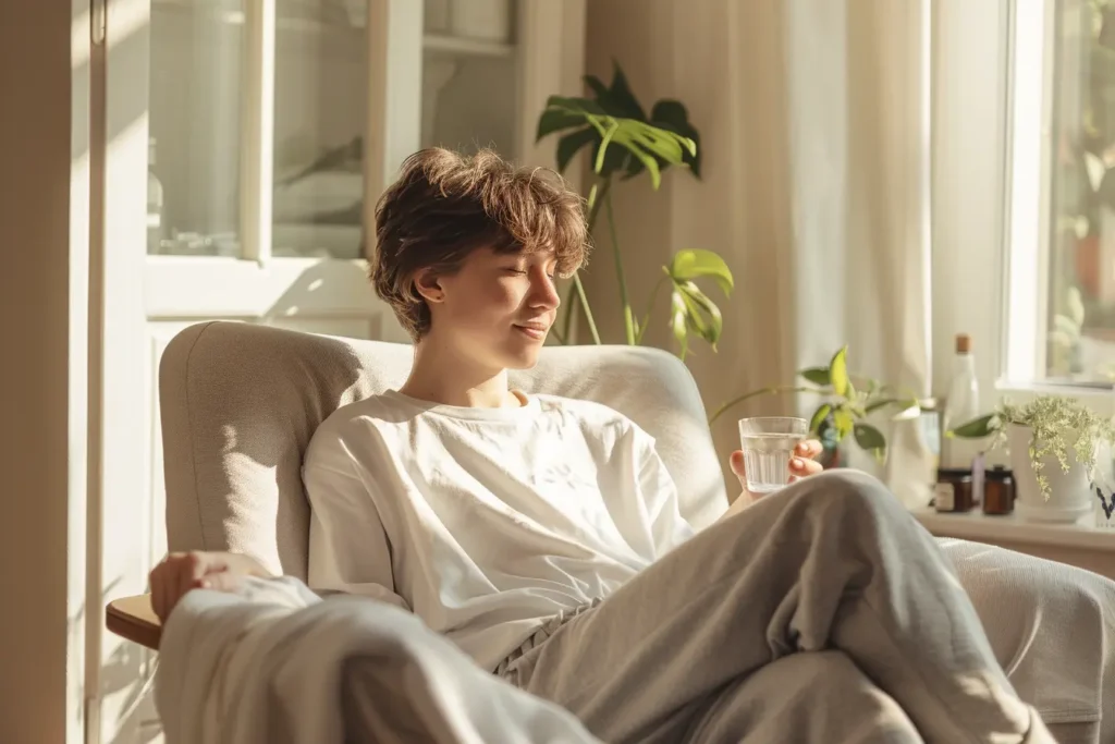 woman relaxing near bathroom during salt water flush waiting period with water for hydration