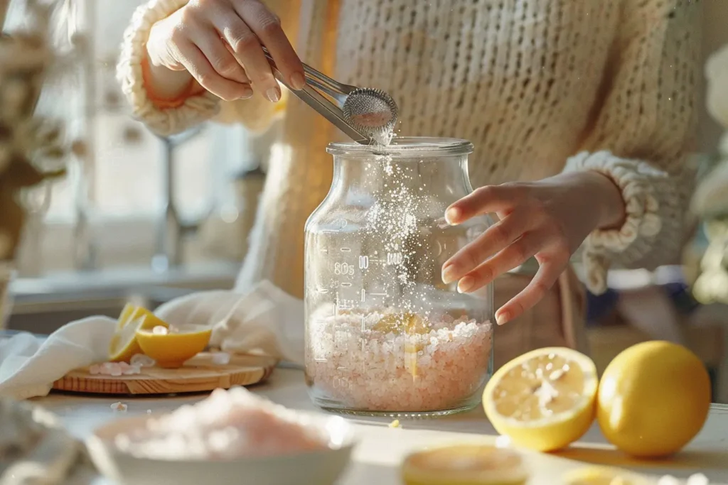 measuring 2 teaspoons pink Himalayan salt for proper salt water flush ratio using measuring spoons and glass jar