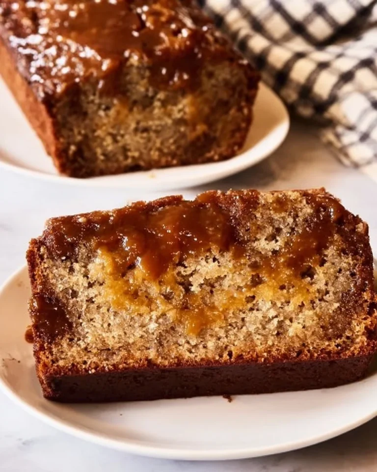 Delicious salted caramel banana bread slice on a plate