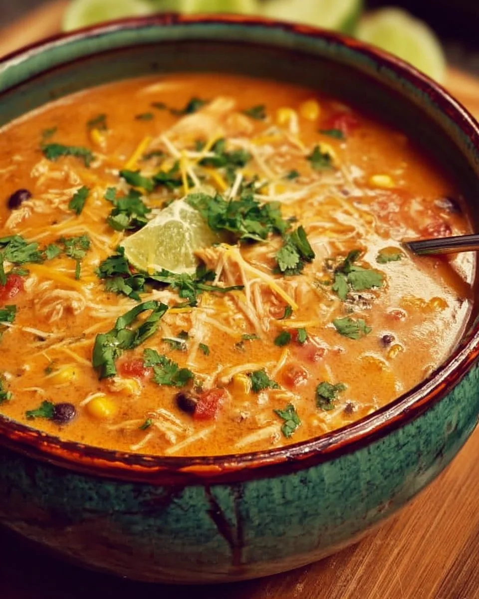Bowl of savory Chicken Enchilada Soup topped with cheese and herbs