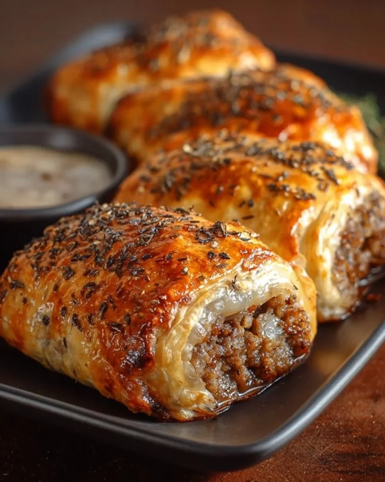 Golden flaky French onion sausage rolls on a plate, filled with savory goodness.