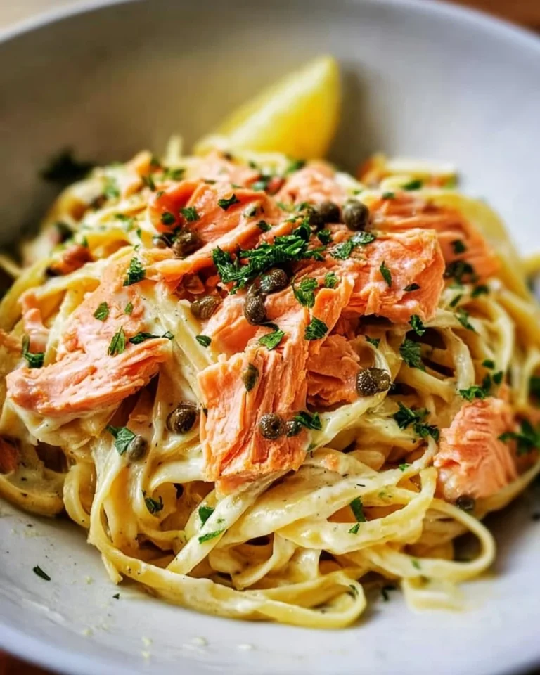 Bowl of savory smoked salmon linguine garnished with herbs