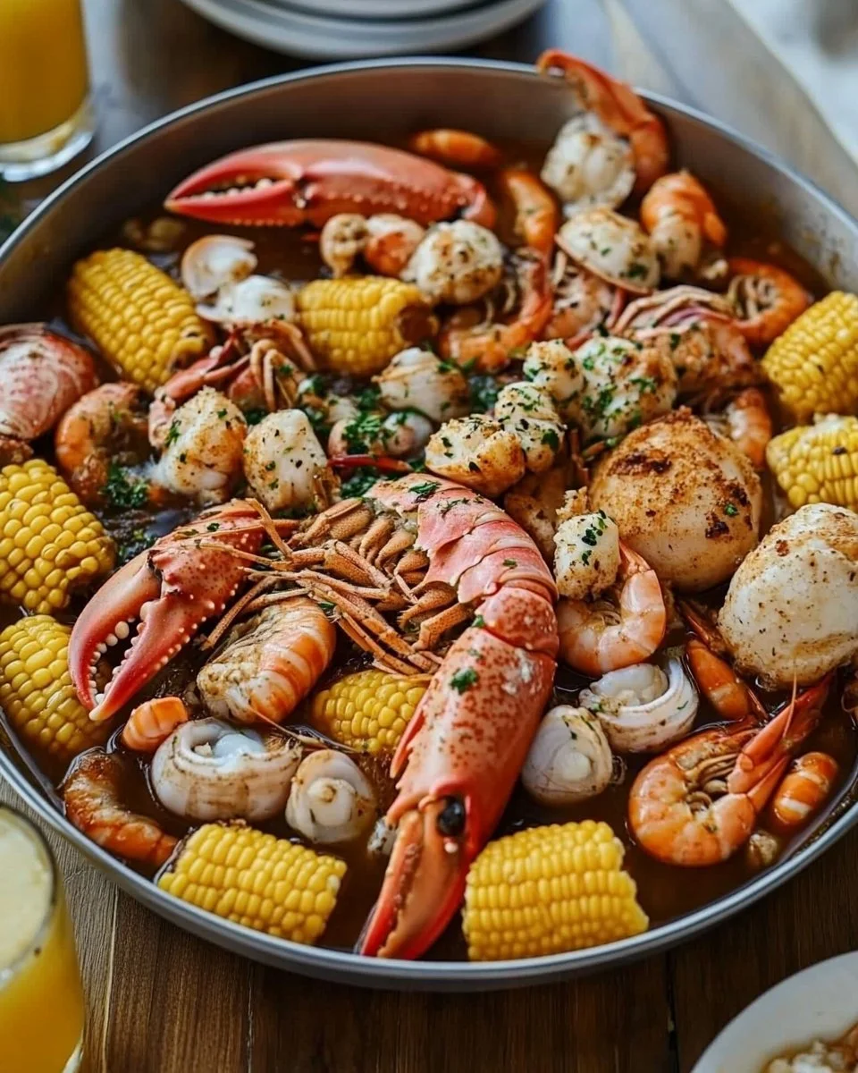 Delicious seafood boil spread featuring shrimp, crab, and vegetables at a festive party.
