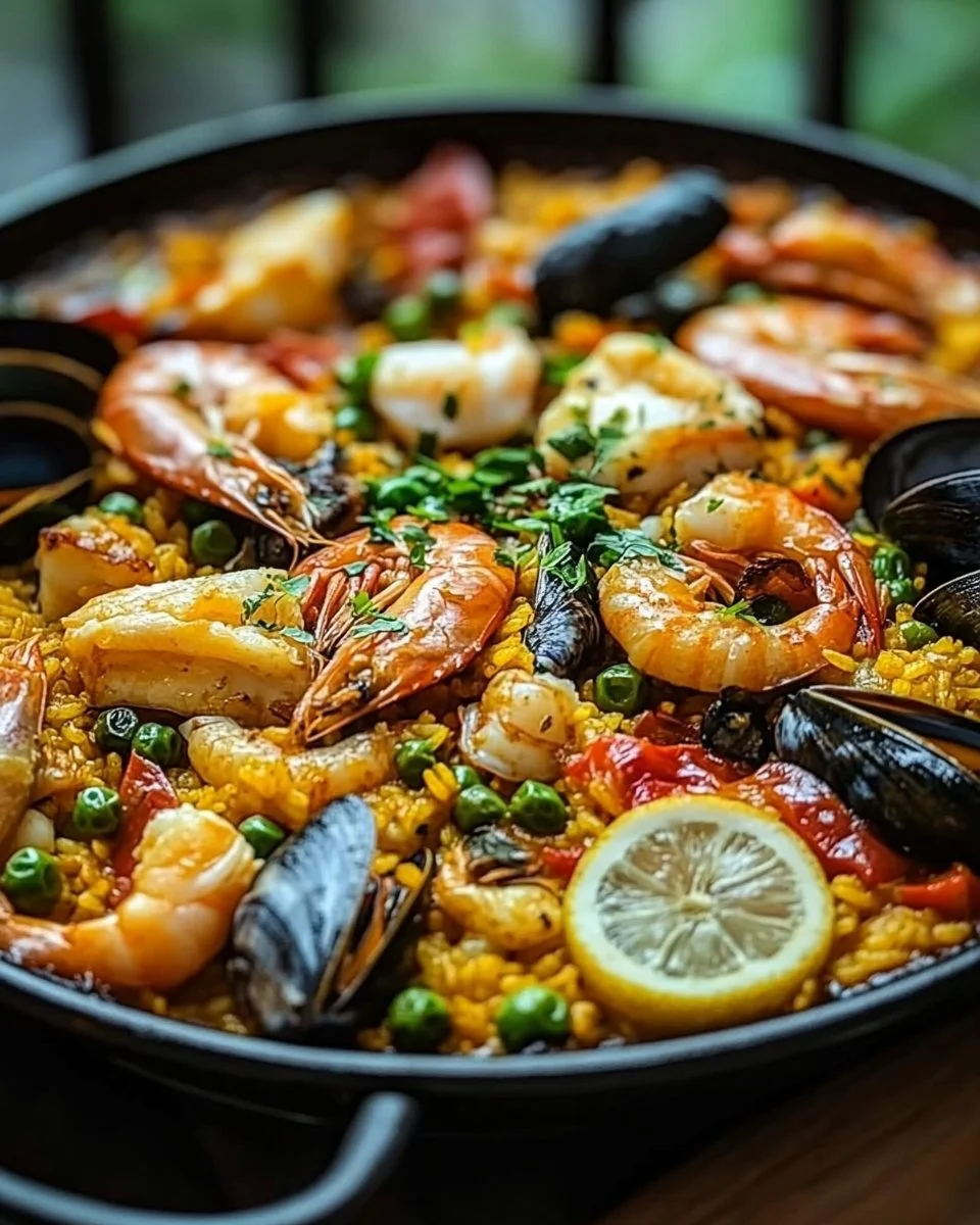 Delicious seafood paella showcasing a variety of fresh seafood and vibrant colors.