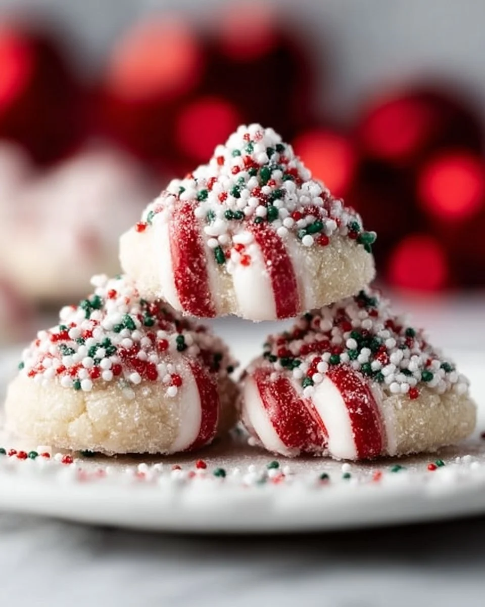 Sprinkle-Coated Candy Cane Kiss Cookies decorated for the holiday season