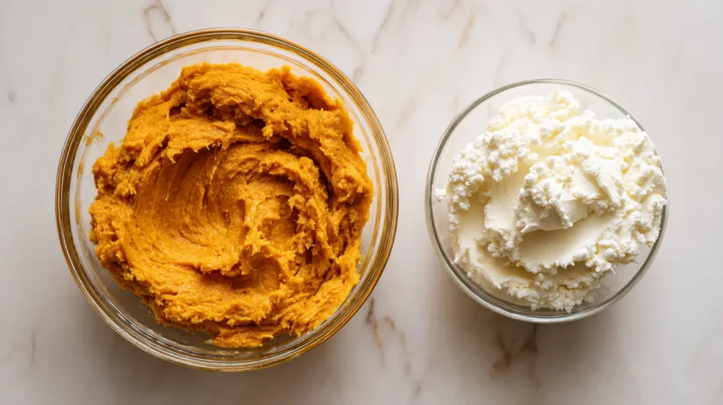 Pumpkin muffin batter and cream cheese filling ready for Starbucks pumpkin muffin recipe.