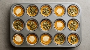 Muffin tin filled with pumpkin batter and cream cheese centers for Starbucks pumpkin muffin recipe.