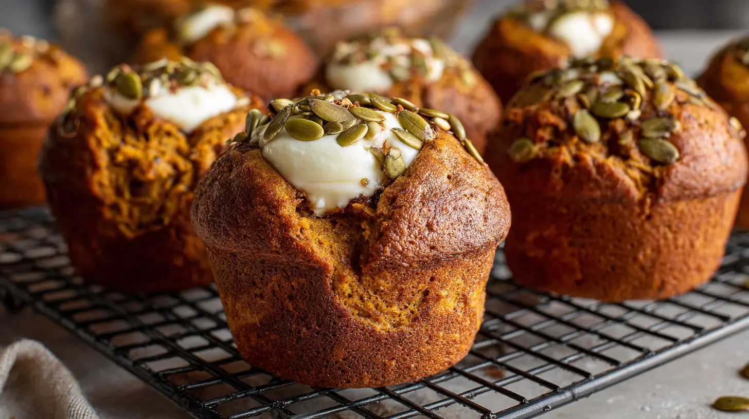 Freshly baked Starbucks pumpkin muffin recipe with cream cheese centers on a cooling rack.