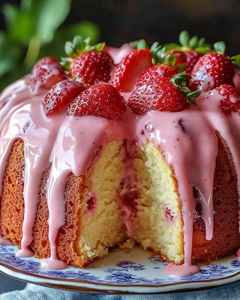 Slice of strawberry milkshake pound cake topped with fresh strawberries