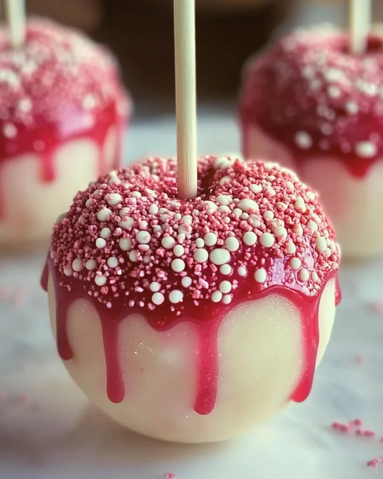 Delicious Strawberry Shortcake Candy Apples with fresh strawberries and creamy frosting.
