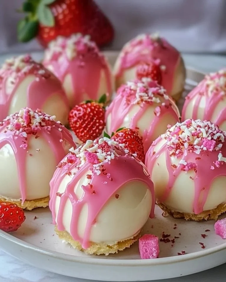 Strawberry Shortcake Cheesecake Truffles 1 Strawberry shortcake cheesecake truffles arranged on a plate