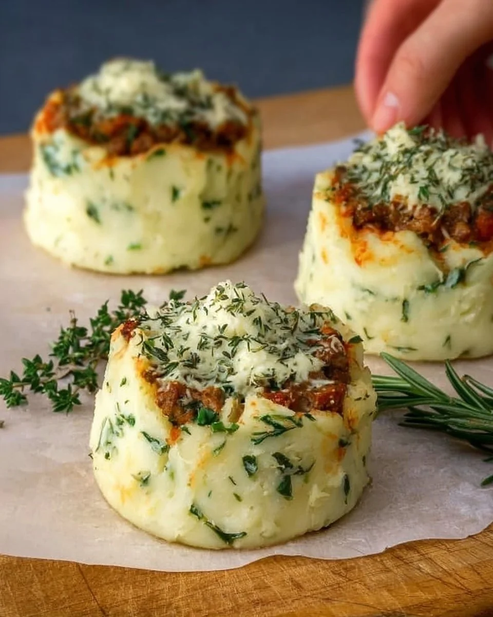 Plate of stuffed mashed potato nests filled with cheese and herbs.