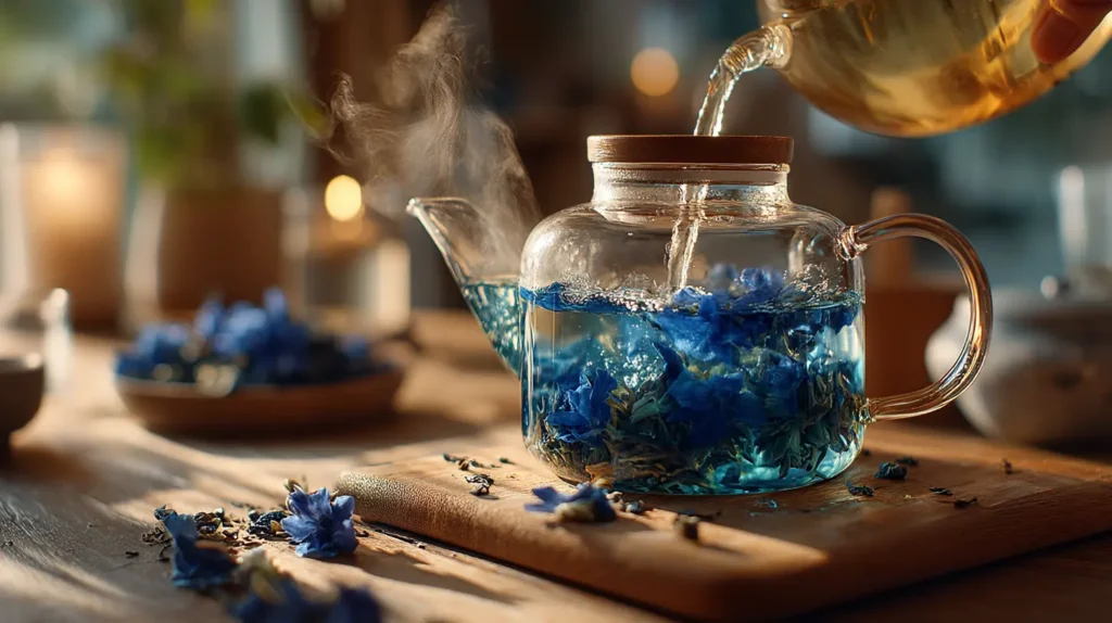 pouring hot water over butterfly pea flowers while making sumatra blue tonic showing instant blue transformation