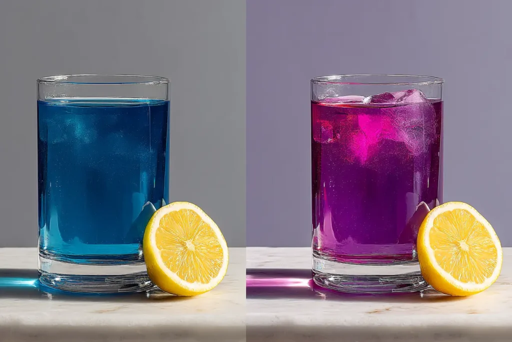 sumatra blue tonic color transformation from electric blue to vibrant purple after adding fresh lemon juice pH change