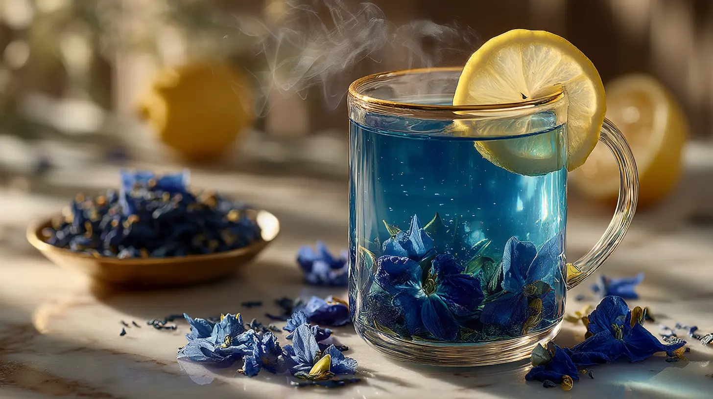 sumatra blue tonic in clear glass with butterfly pea flowers for weight loss and better sleep support