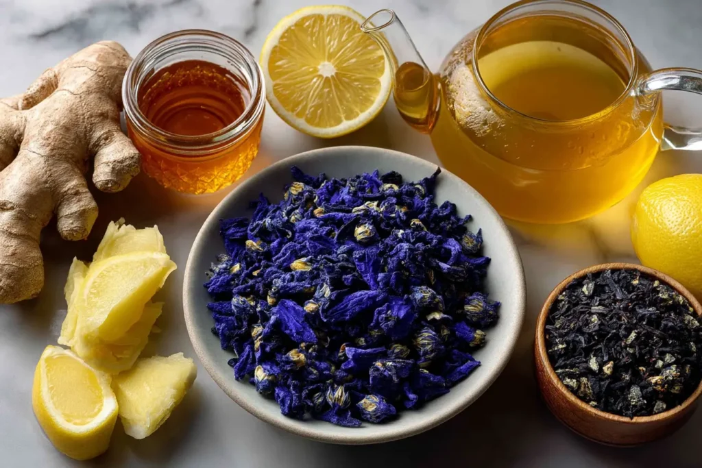ingredients for sumatra blue tonic recipe including butterfly pea flowers ginger root and fresh lemon