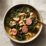 Bowl of hearty swamp soup recipe with smoked sausage, white beans, and dark leafy greens in rich broth.