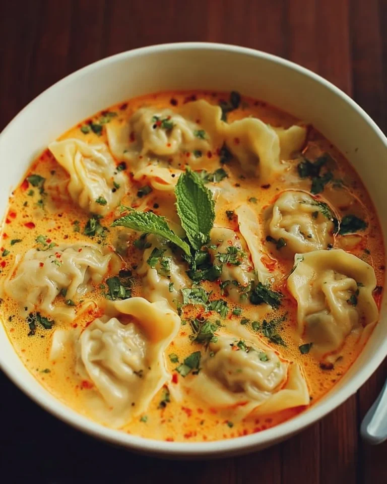 Bowl of Thai curry dumpling soup with pot stickers, topped with herbs and spices.