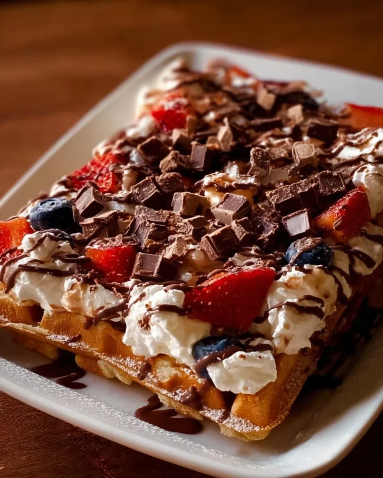 Waffle Cake 4 A delicious waffle cake topped with fresh berries and whipped cream.