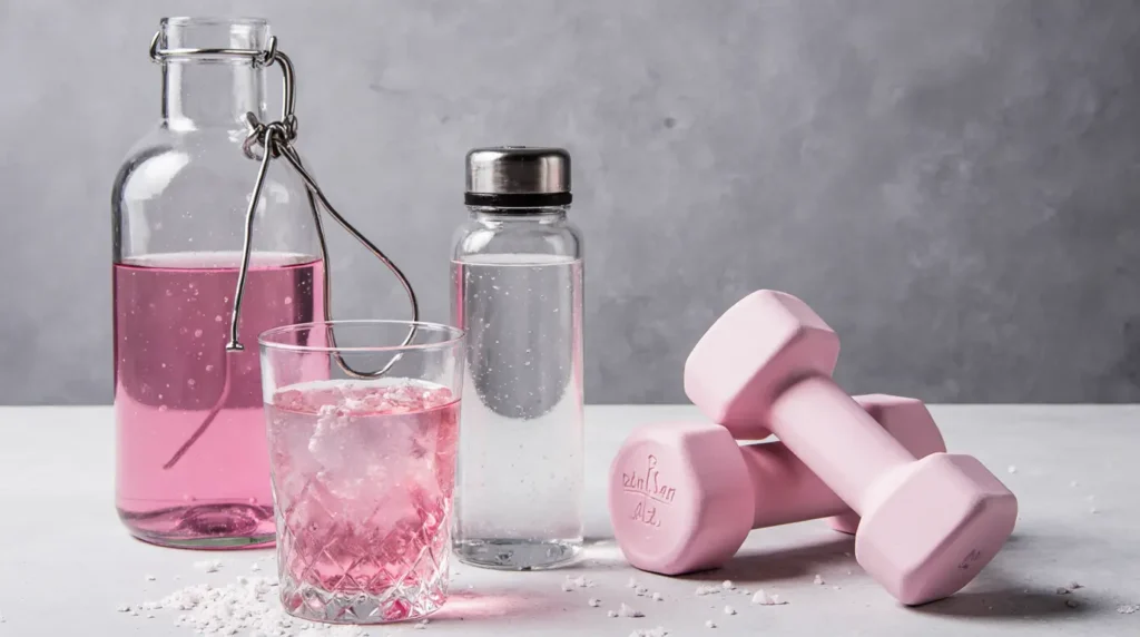 Sports bottle and dumbbells next to a glass showing when to drink pink salt water before exercise.