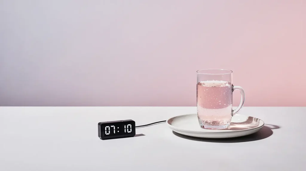 Fasting timer and glass highlighting when to drink pink salt water during intermittent fasting.
