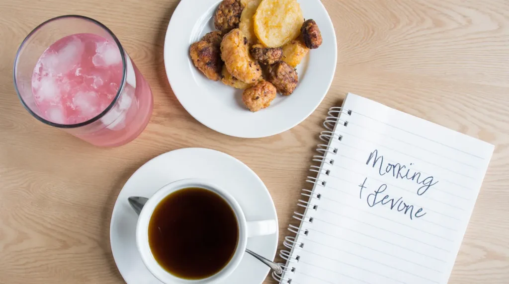 Morning routine scene showing when to drink pink salt water beside coffee and a notebook.