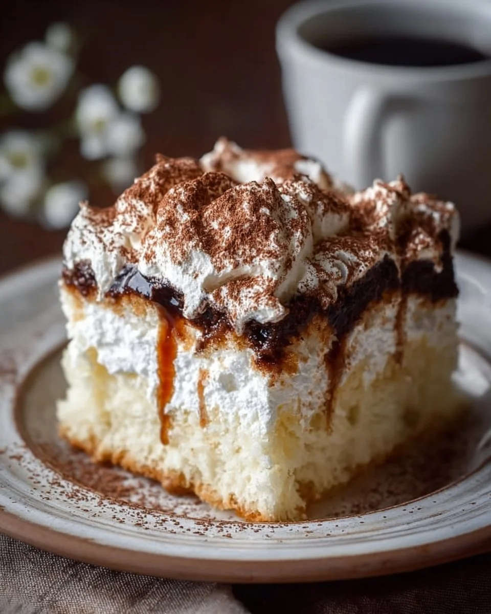 Delicious White Russian Poke Cake topped with cream and chocolate sprinkles
