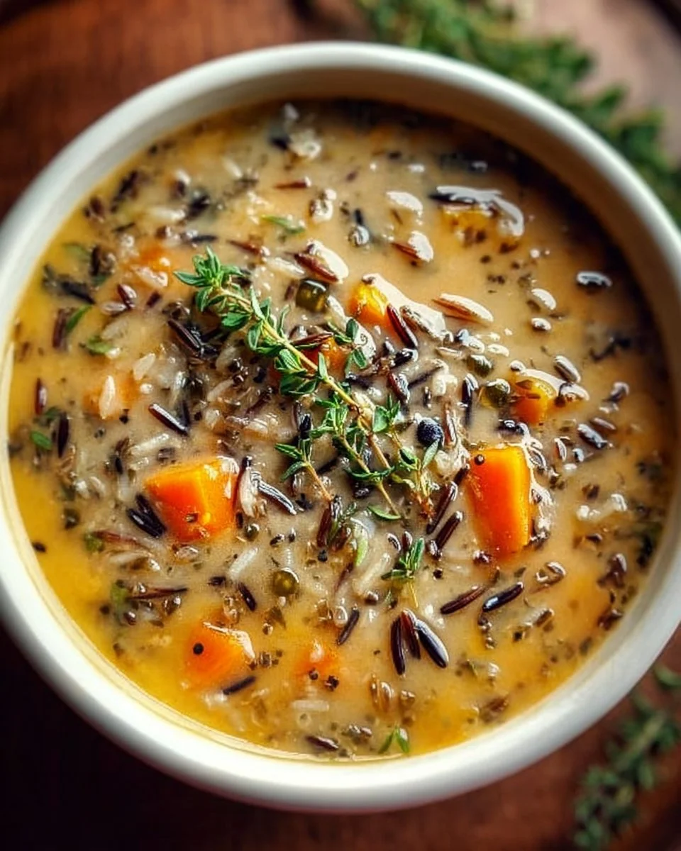Bowl of delicious wild rice soup with fresh vegetables and herbs