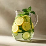 cucumber lemon detox water recipe for weight loss in glass pitcher with slices floating