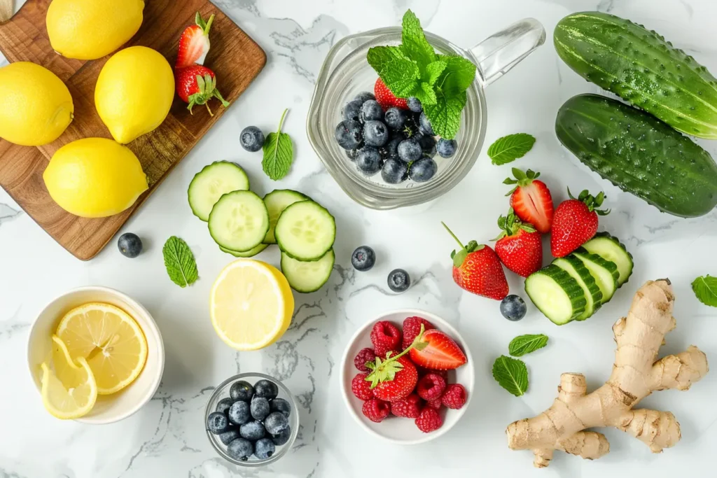 cucumber lemon water for weight loss ingredients mint ginger berries fresh herbs flatlay
