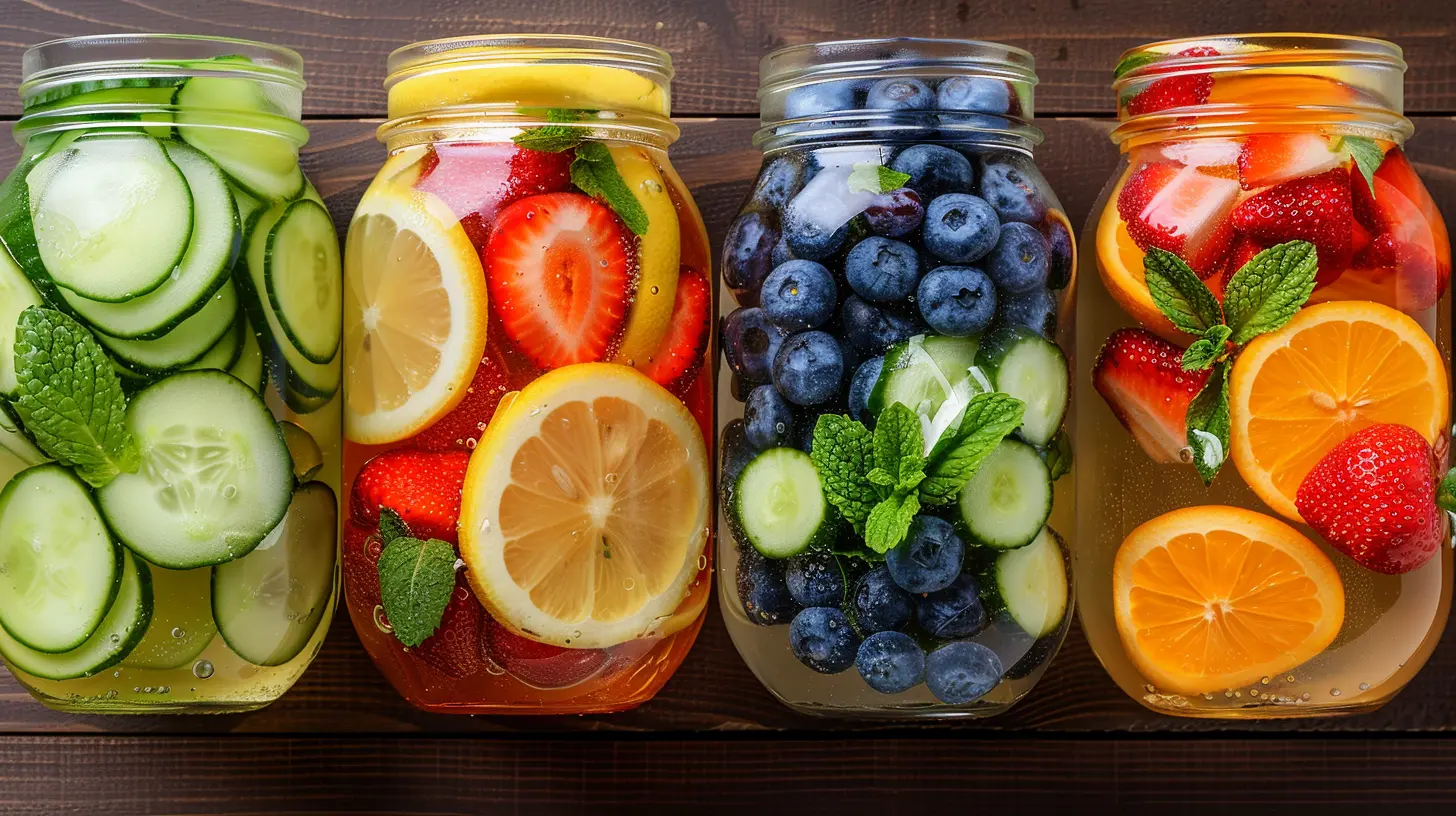 15 detox water recipes for weight loss with cucumber lemon berries and mint in clear mason jars on wooden table